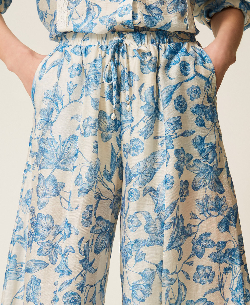 Floral palazzo trousers Off White/Med Blue Toile De Jouy Print Woman 261LM2SBB_13465_04