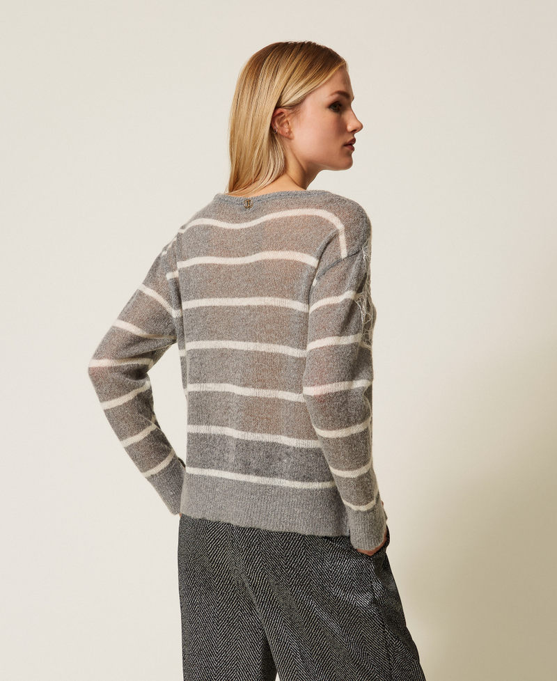 Mohair blend jumper with lace and slits Grey Melange/Snow White Stripe Woman 252TP3252_12756_03