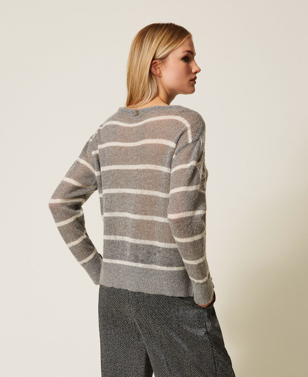 Mohair blend jumper with lace and slits Grey Melange/Snow White Stripe Woman 252TP3252_12756_03
