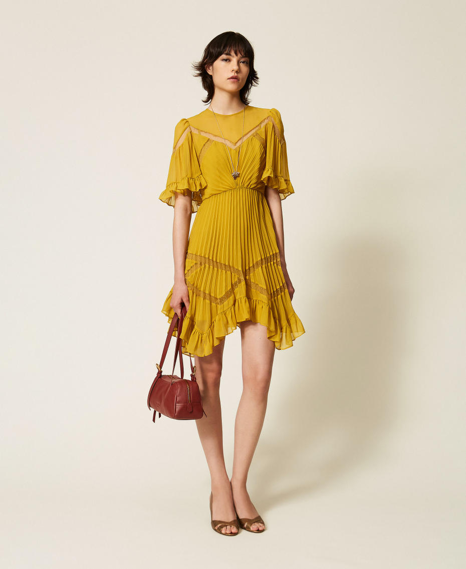 Short pleated chiffon dress with tulle Mustard Yellow Woman 262TP2691_12607_T0