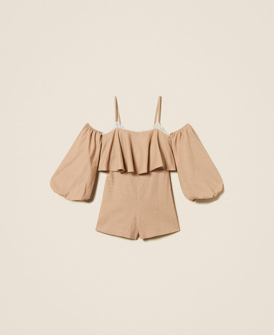 Linen blend short jumpsuit with lace Natural Beige Woman 261TF2100_12559_S0