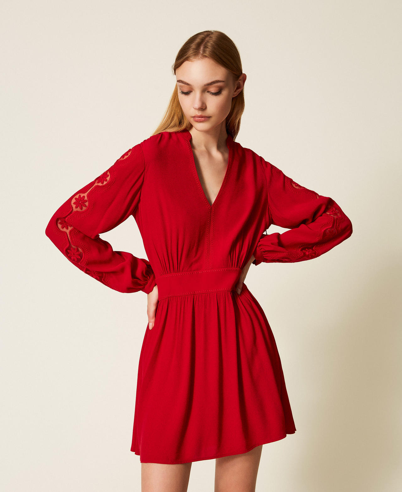 Short cr&ecirc;pe dress with embroidery Venetian Red Woman 252TP2150_00740_01