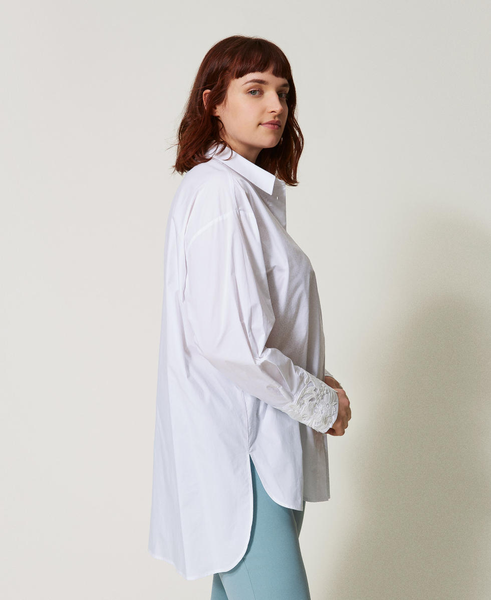 Chemise oversize en popeline avec dentelle Blanc Femme 251TP2280_00001_02