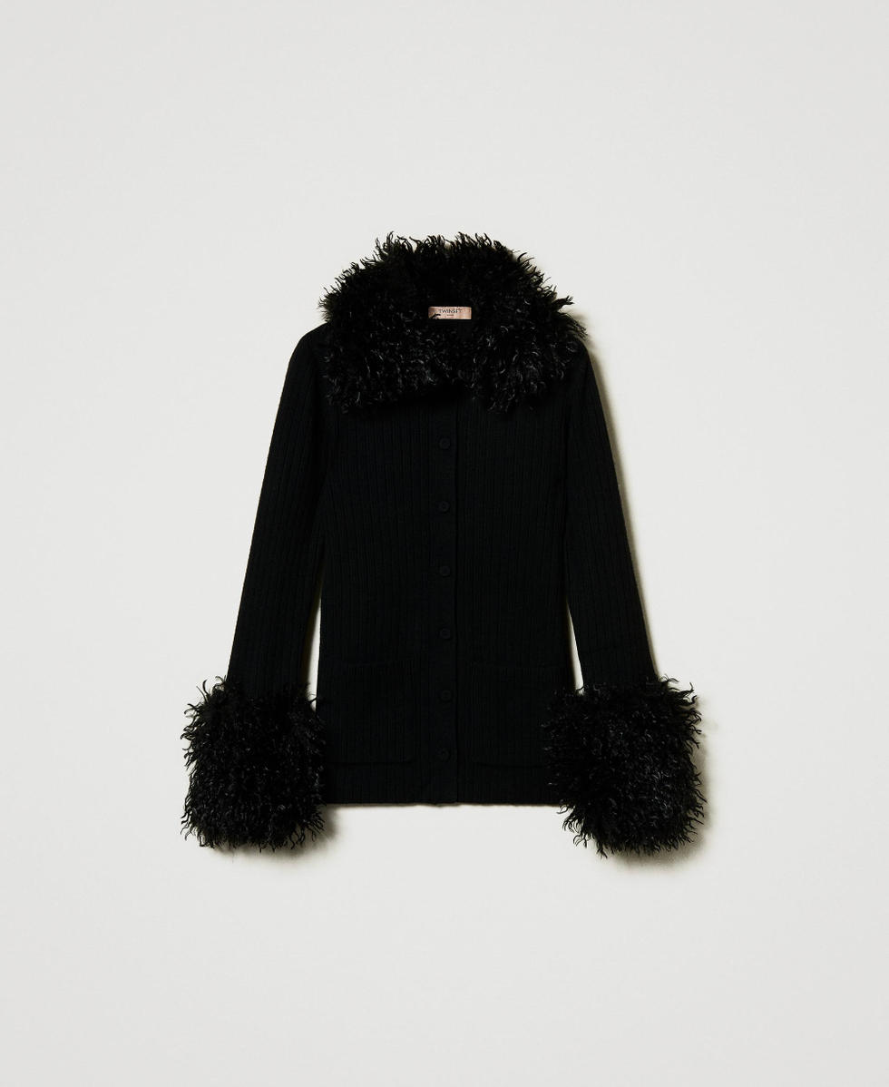 Wool blend and faux fur cardigan Woman Black TWINSET Milano