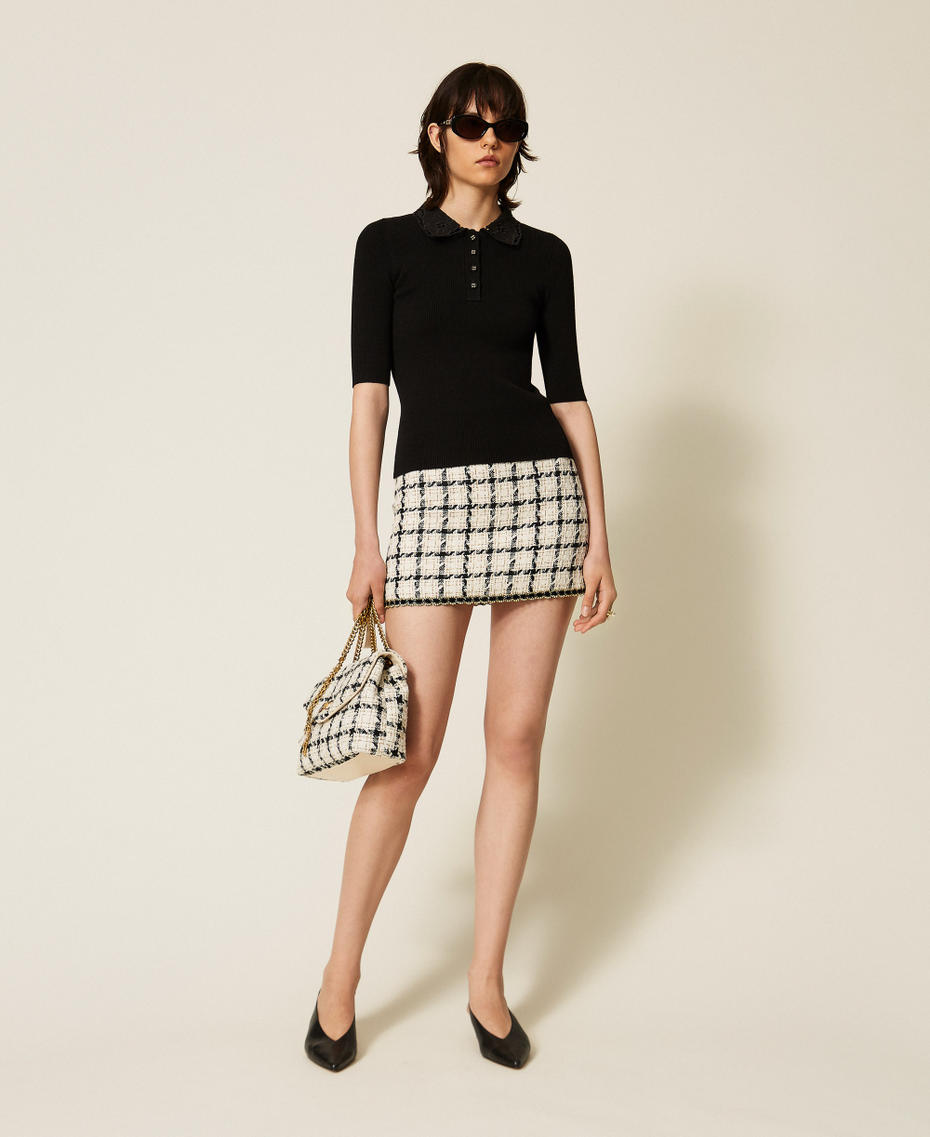 Pull polo avec col en broderie anglaise Noir Femme 262TP3380_00006_T0