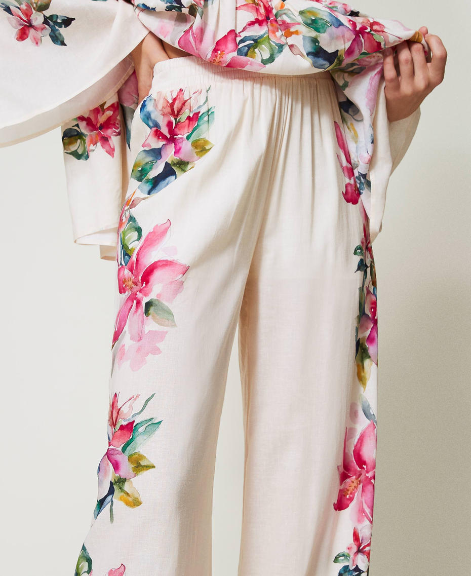 Linen blend trousers with floral print Mother of pearl/Multicolour Stripe Print Woman 251LB2UCC_12198_04