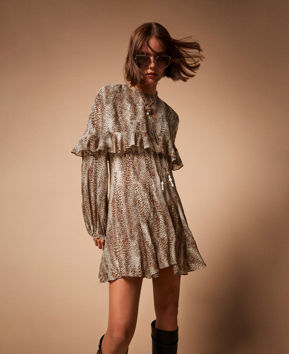 Animal print short creponne dress Brown Animal Print Lurex Stripe Woman 252TT2350_12895_PC
