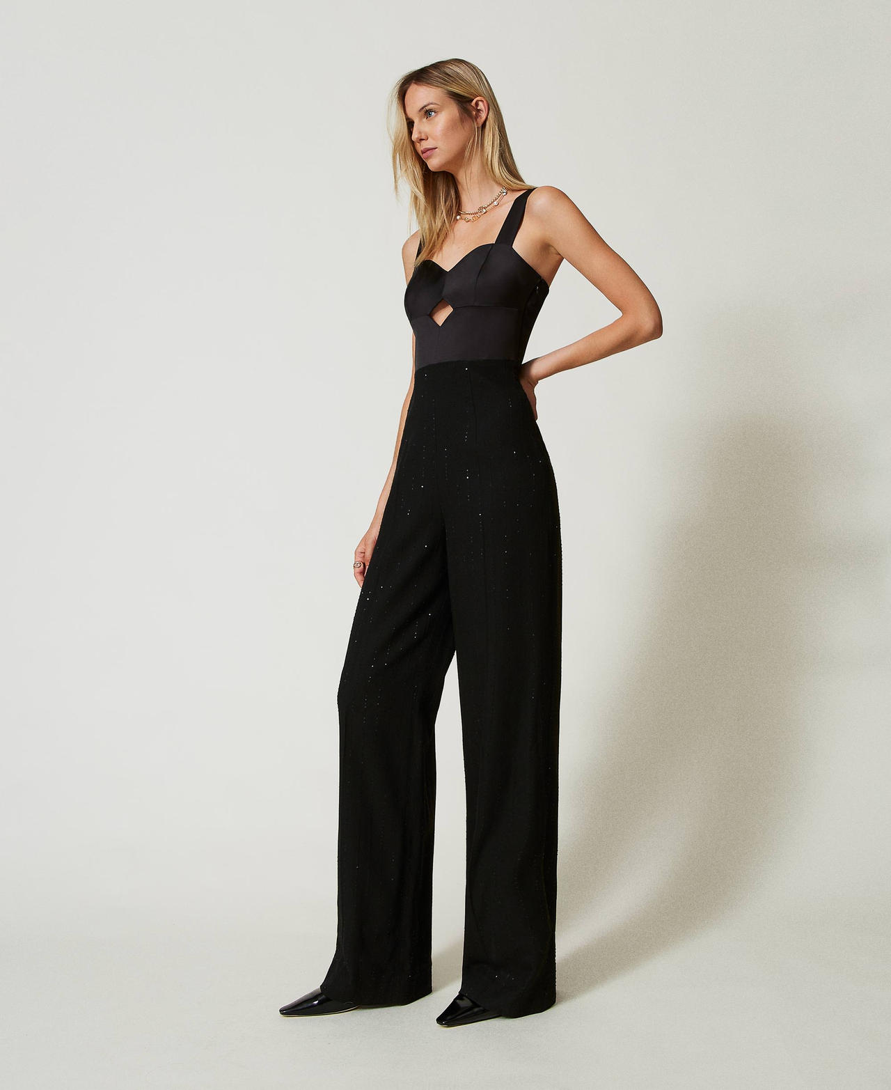 Satin and cloth jumpsuit with sequins Black Woman 242TT2165_00006_02