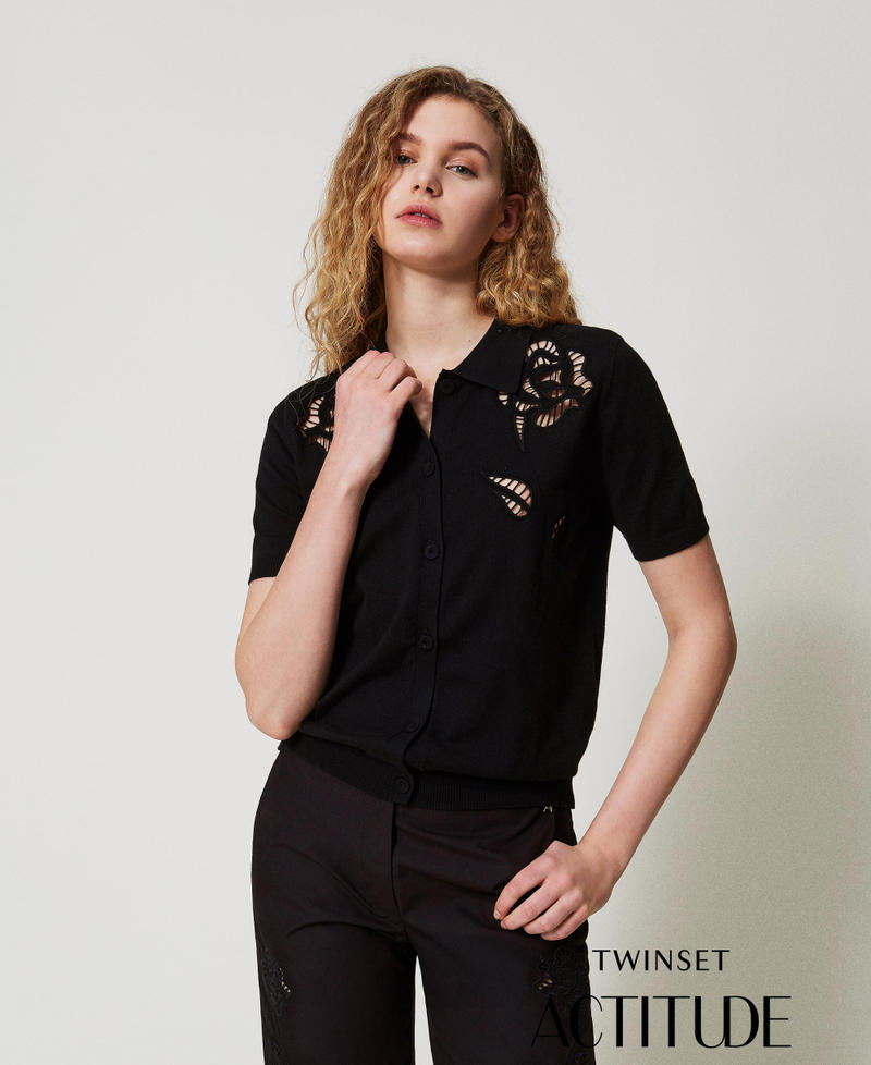 Camicia in maglia con ricami Nero Donna 251AX3011_00006_PA