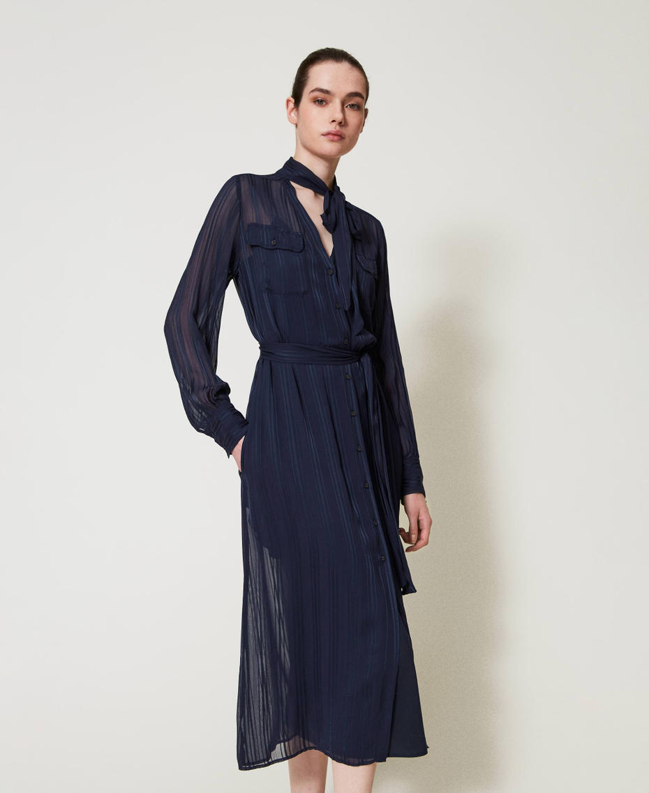 Georgette and satin midi shirt dress Blue Night Woman 251TP2260_00238_01