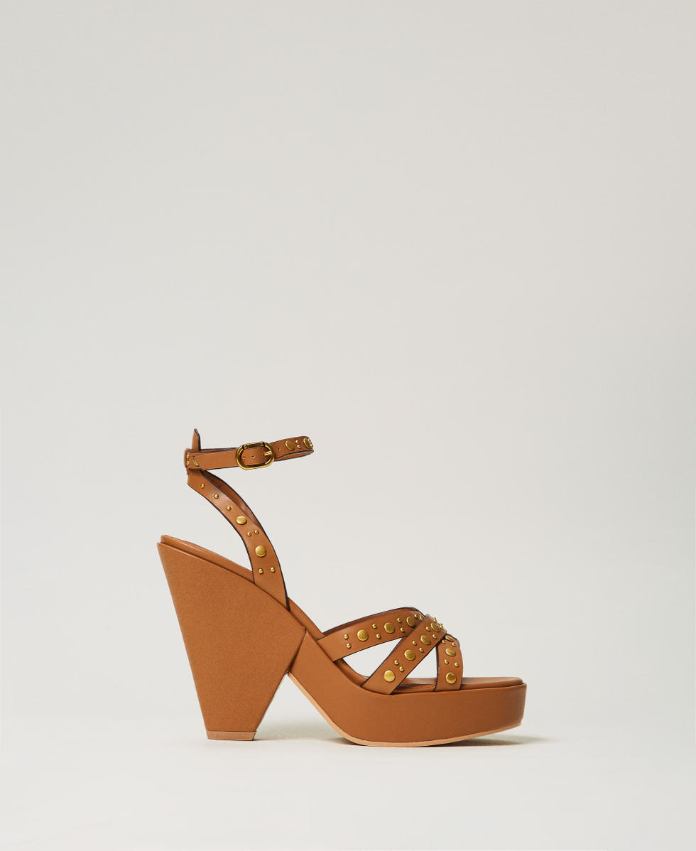 Leather platform sandals with studs Leather Brown Woman 251TGT074_00057_01