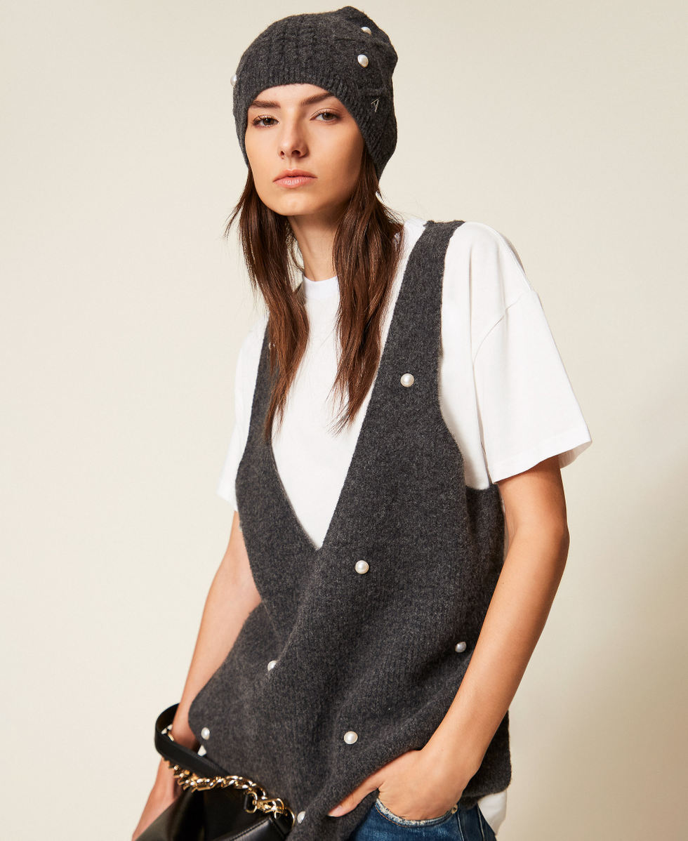 Berretto in maglia con perle e trecce Grigio M&eacute;lange Medio Donna 252AA4070_0082M_T0