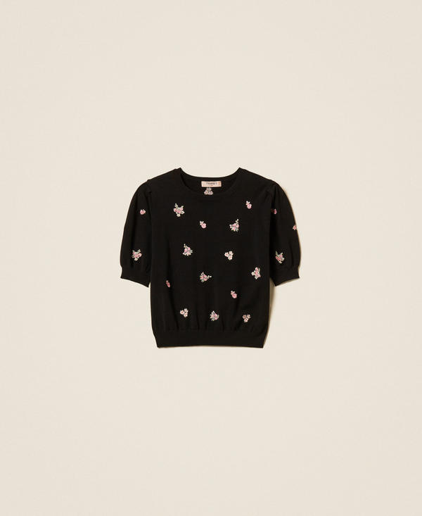 Wool blend jumper with floral embroidery