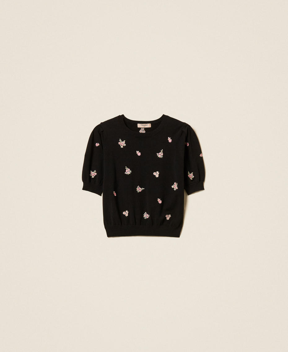 Wool blend jumper with floral embroidery Black Woman 262TP3460_00006_S0