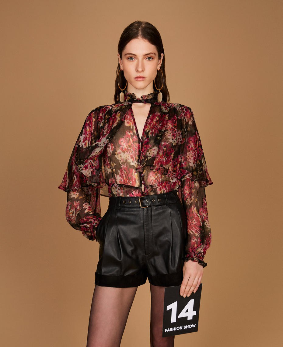 Silk creponne floral shirt Black/Magenta Floral Print Woman 252TS2351_13099_PS