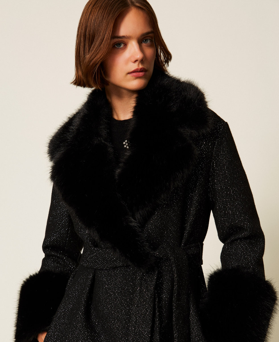 Langer Mantel aus Tuch mit Kunstpelz Fil-&agrave;-Fil Schwarz / Silver Frau 252TT2040_12892_04