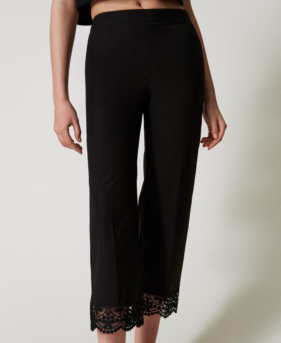 Cropped poplin trousers with lace Woman, Black | TWINSET Milano