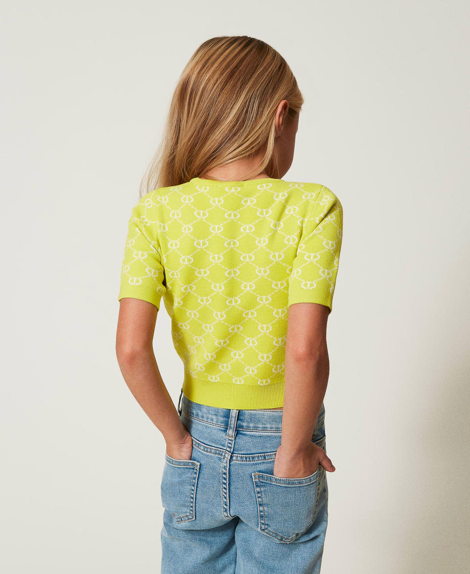 Crew neck jumper with Oval T jacquard Two-tone Yellow Plum/Ice Girl 251GJ3QX1_12190_03