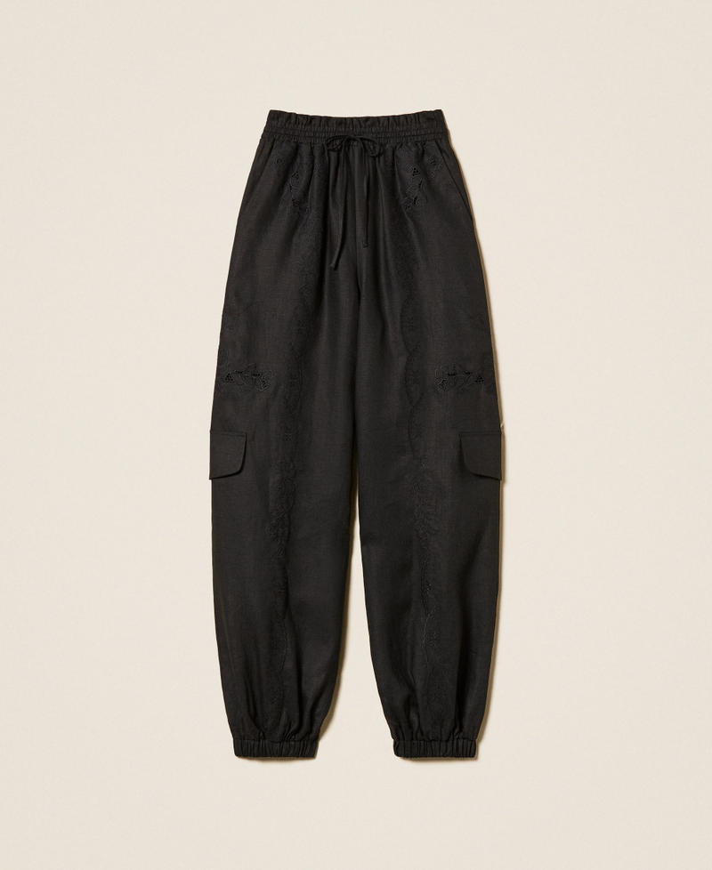 Pantaloni joggers in lino e sangallo Nero Donna 261TT2121_00006_S0