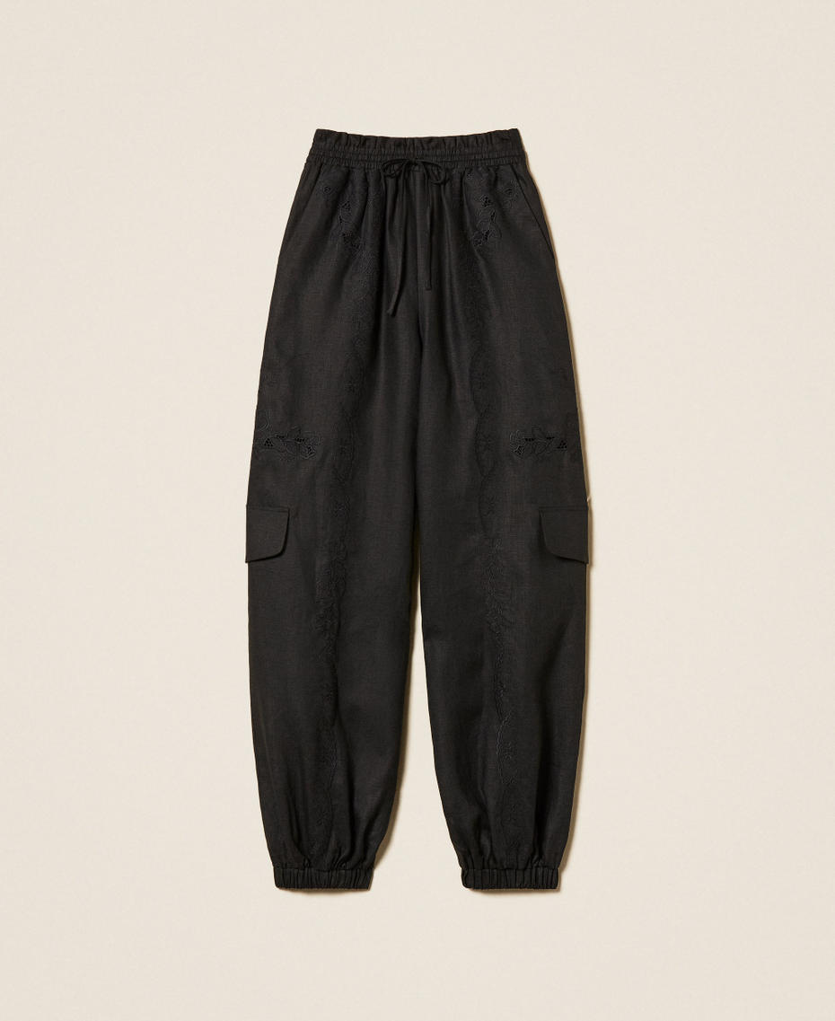 Pantaloni joggers in lino e sangallo Nero Donna 261TT2121_00006_S0