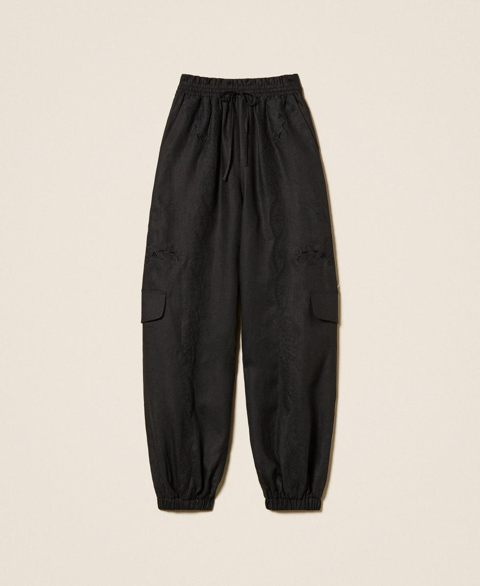 Pantaloni joggers in lino e sangallo
