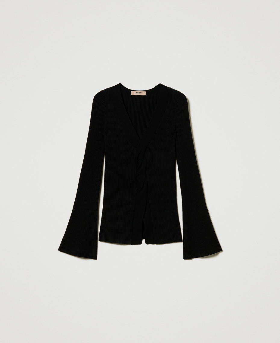 Ribbed knit fitted jumper with twist Black Woman 242TT3023_00006_S0