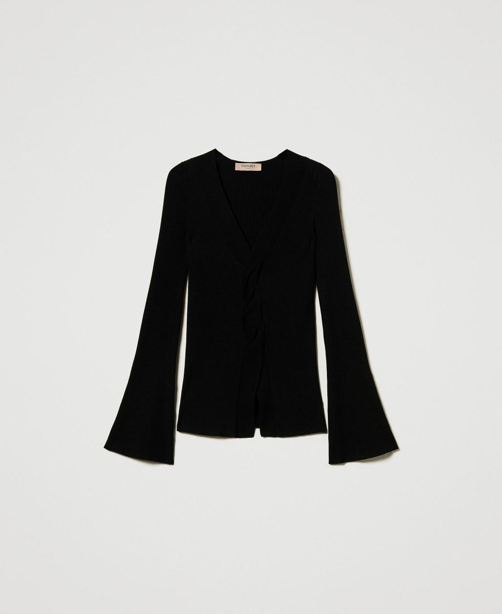 Maglia fitted a costine con incrocio Nero Donna 242TT3023_00006_S0