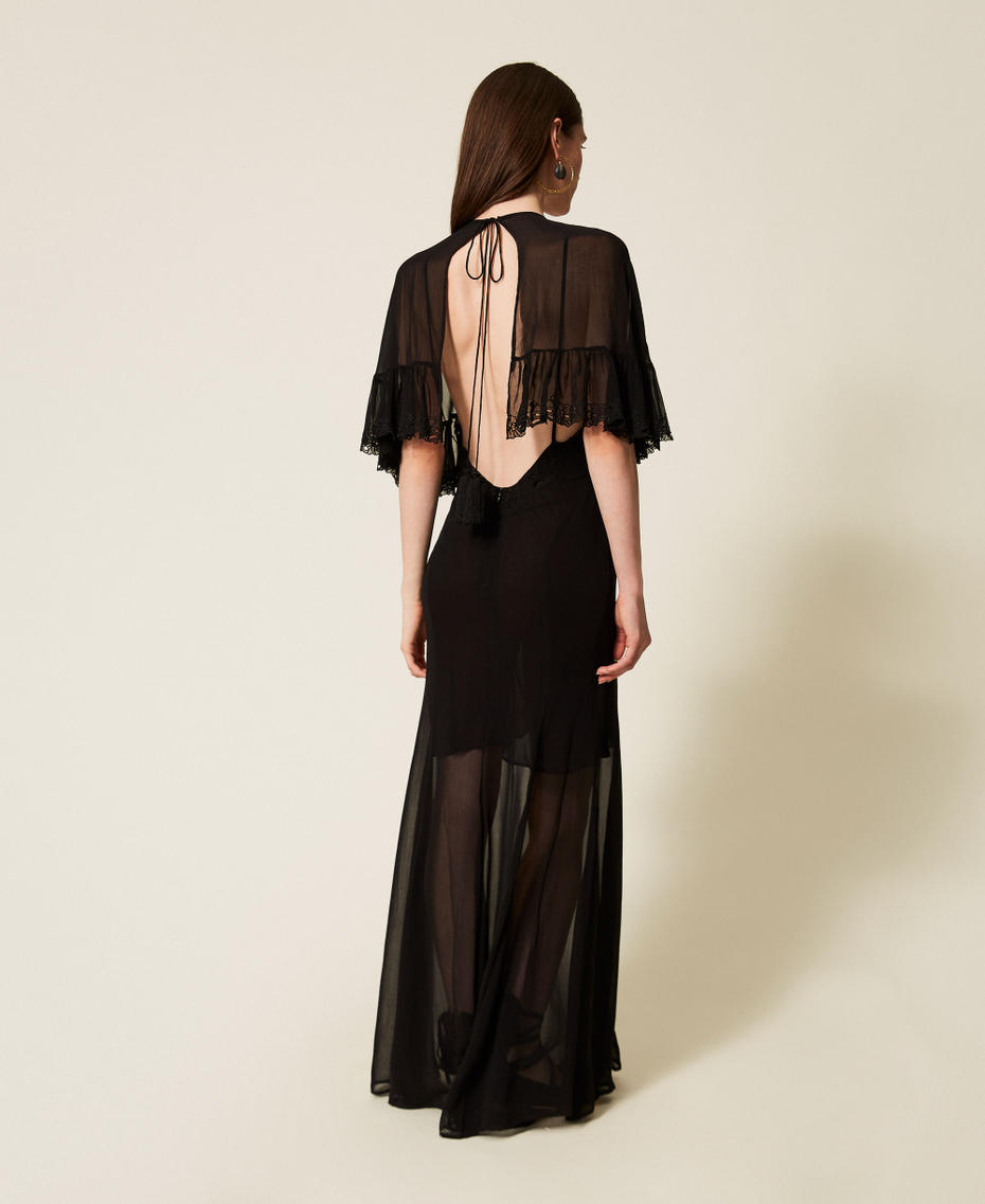 Robe longue en cr&ecirc;pe georgette avec broderie Noir Femme 252TS2293_00006_03