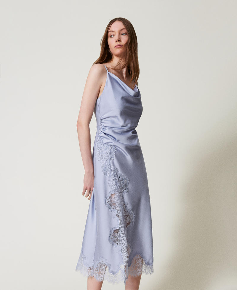 Midikleid aus Satin und Spitze Fliederbl&uuml;tenlila Frau 251TQ2012_00703_02