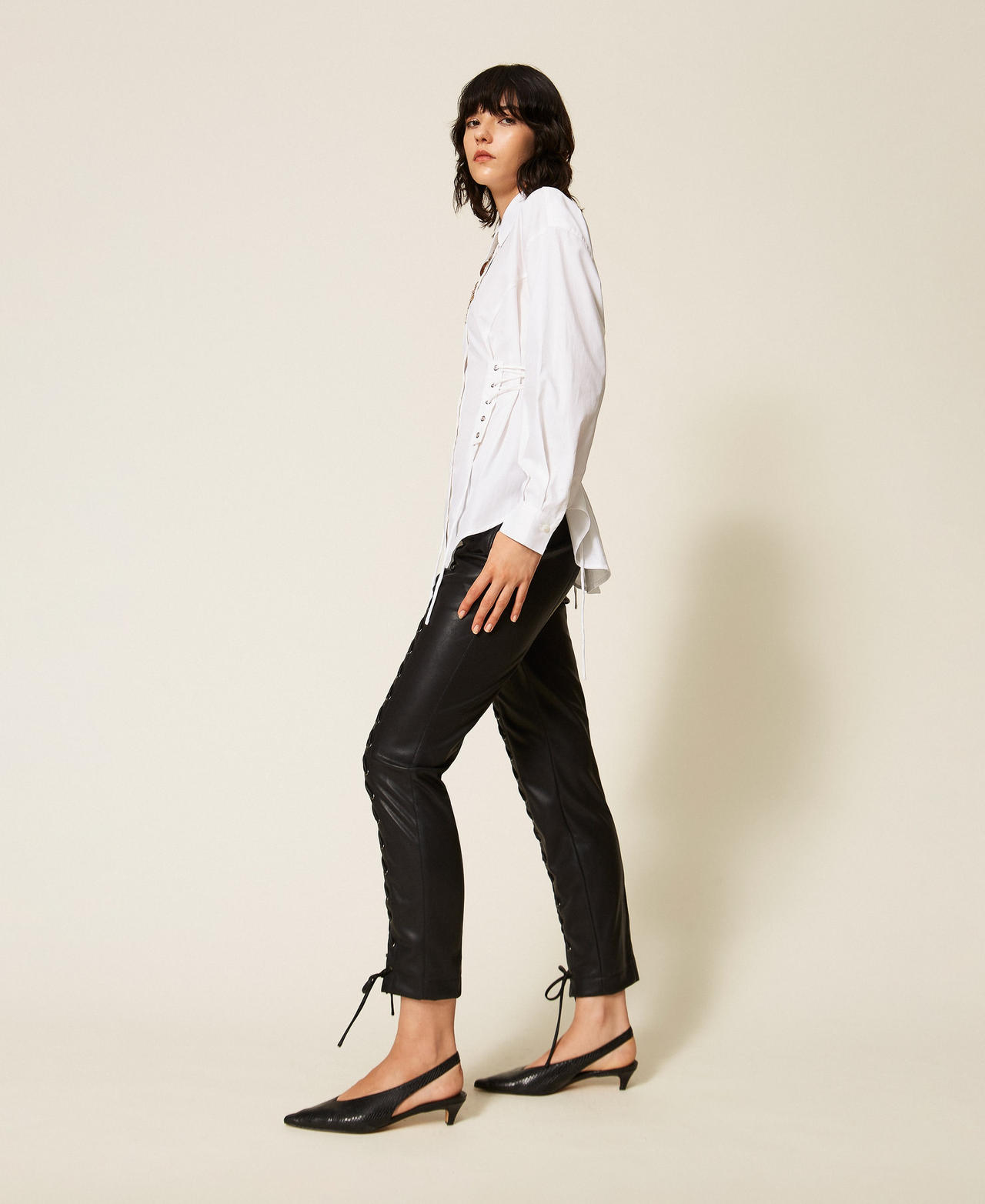 Faux leather trousers with ties Black Woman 262AQ2070_00006_02