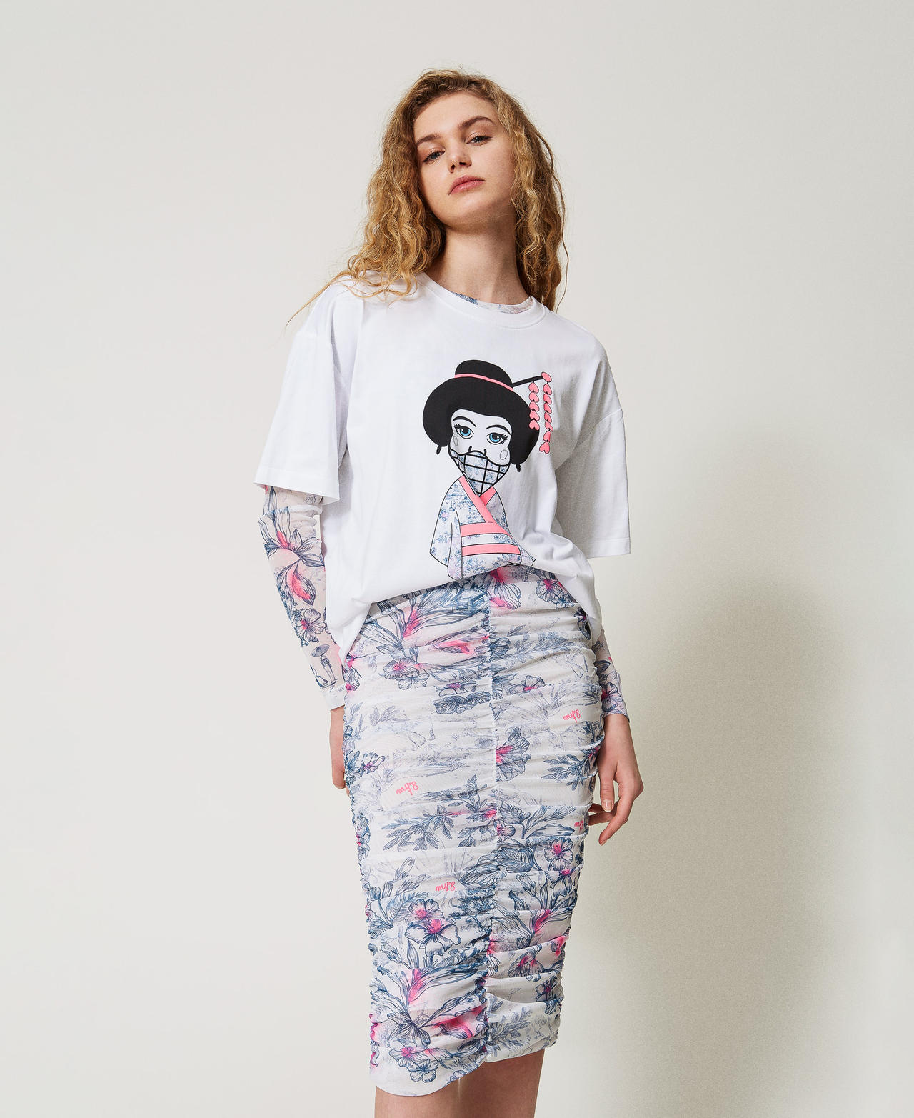 MYFO midi skirt with ruching Japanese Toile de Jouy Woman 251AQ2102_12431_01
