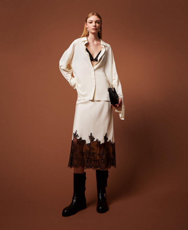 Satin and lace midi skirt