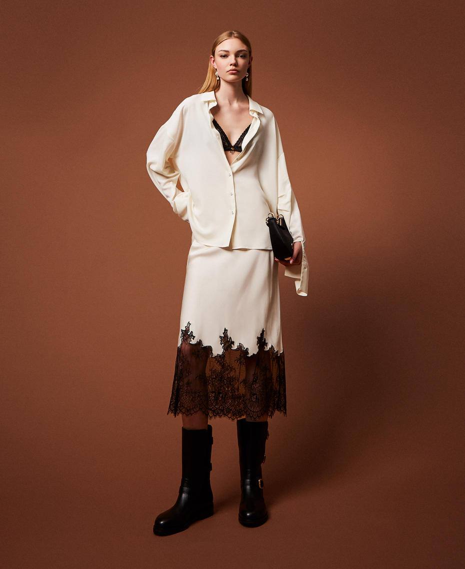 Falda midi de raso y encaje Bicolor Blanco Nácar / Negro Mujer 252TP2392_06559_PC