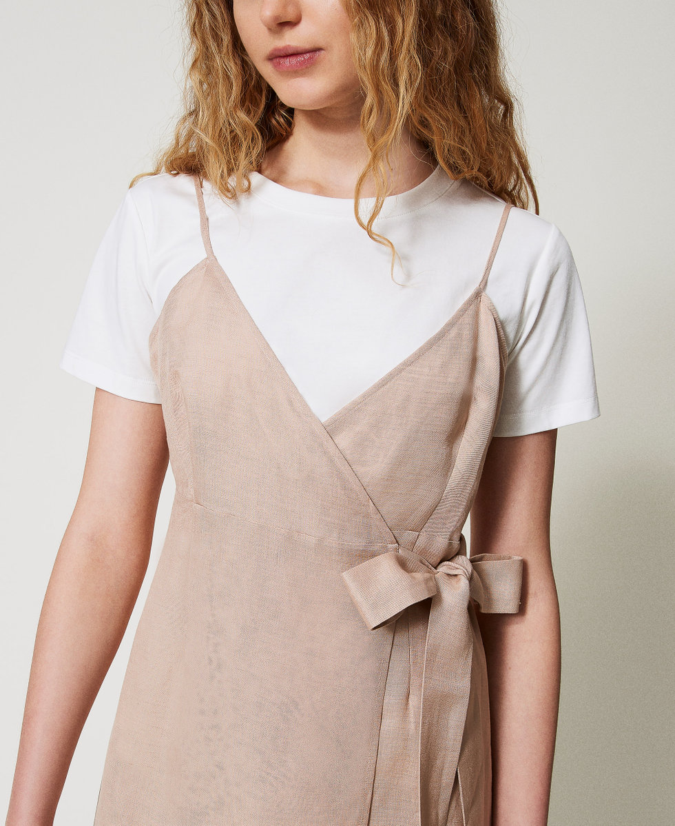 Linen blend midi dress Two-tone Rose Desert/White Cloud Woman 251LL2BEE_12246_04