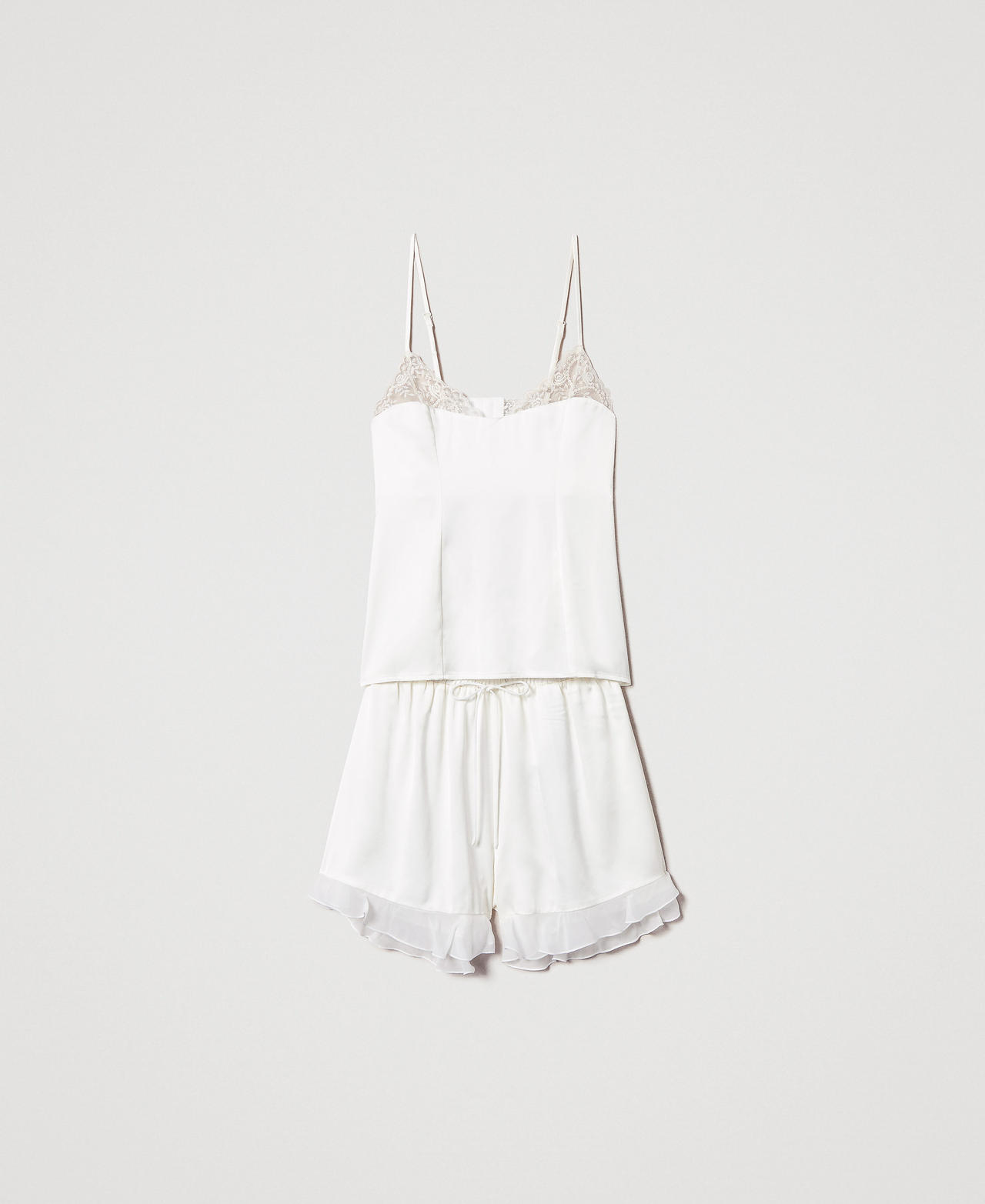 Pijama corto de raso con encaje Blanco Antique White Mujer 251LL2MBB_00245_0S