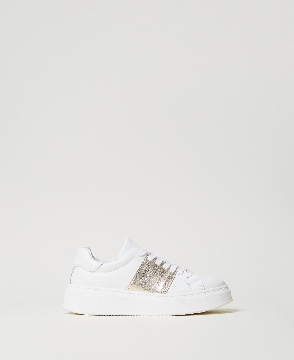 Leather trainers with laminated stripe Two-tone Optical White/Platinum Girl 251GCJ012_12173_01