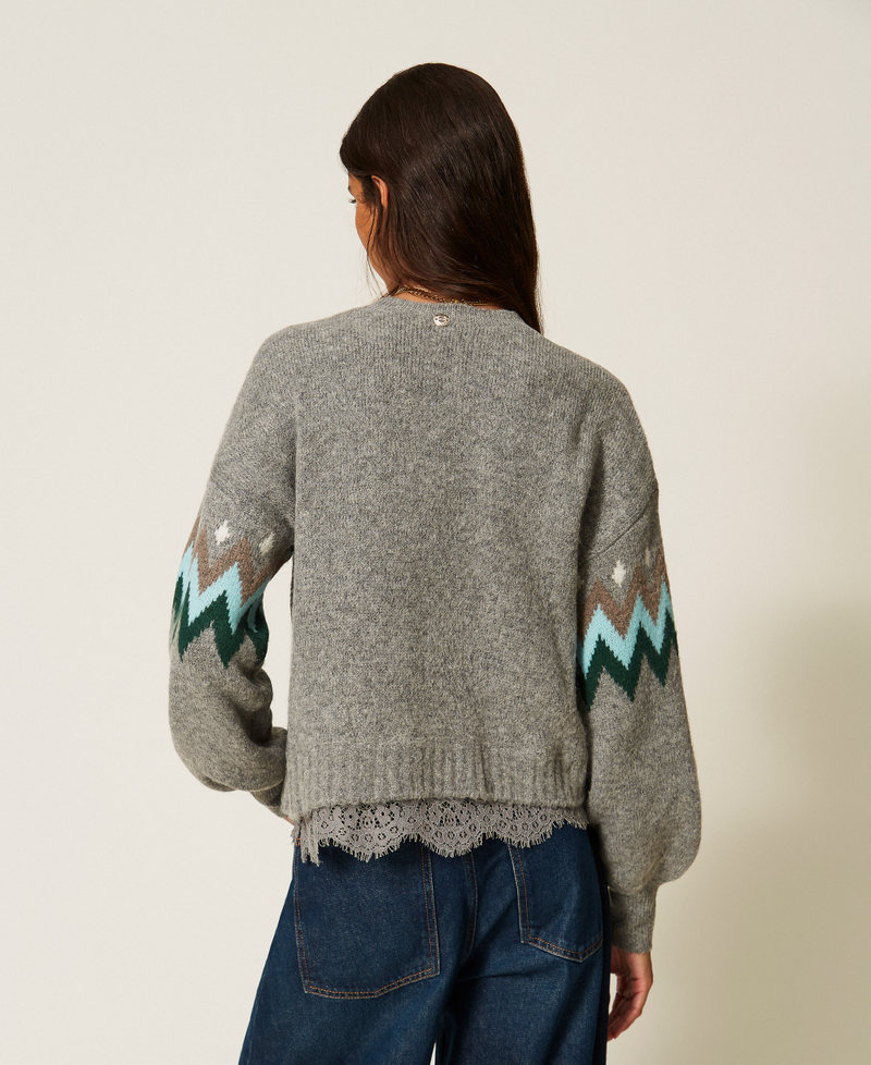 Pullover aus Jacquard mit Spitze Jacquard Meliertes Mittelgrau / Smaragd Frau 262AT3034_14120_03