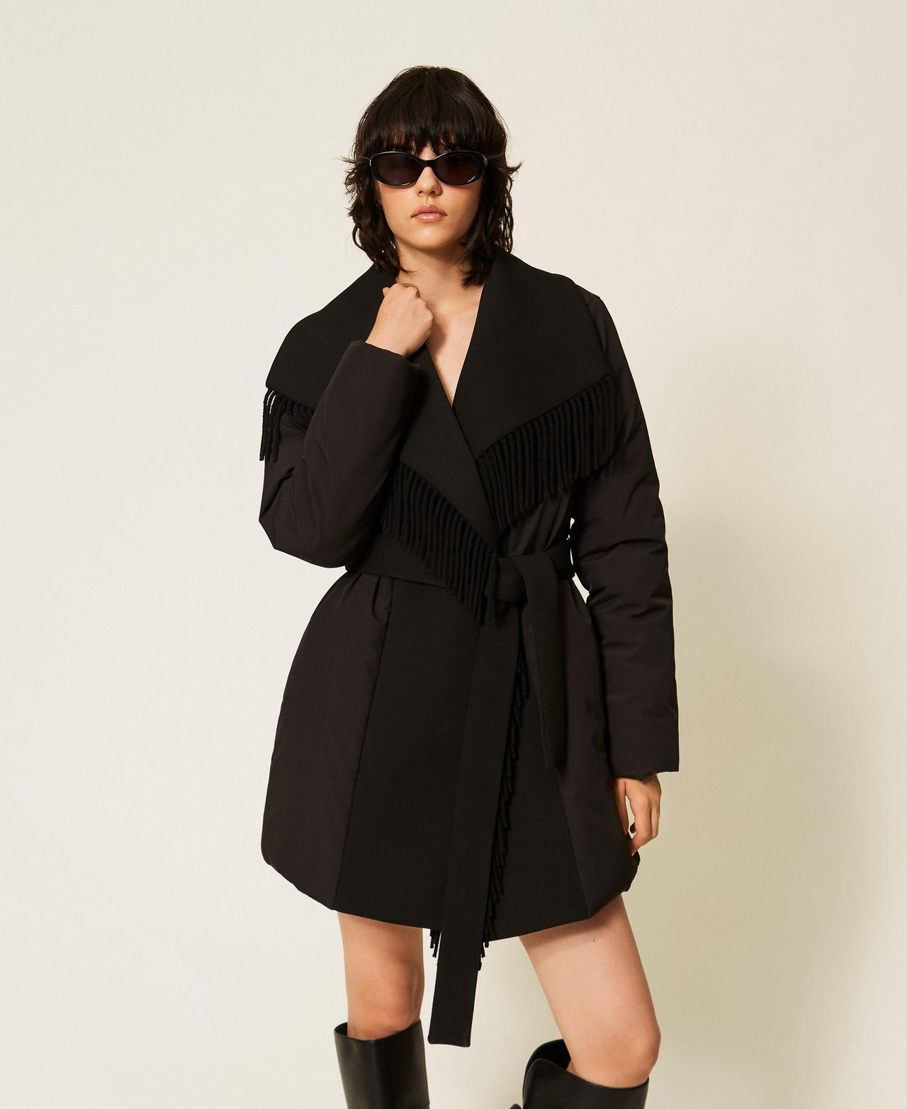TWINSET - Blouson rembourré avec franges, Femme, Noir, S