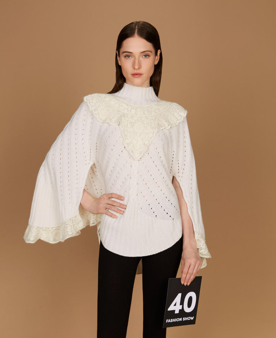 Wool blend maxi jumper with crochet detail White Snow Woman 252TS3353_00282_PS