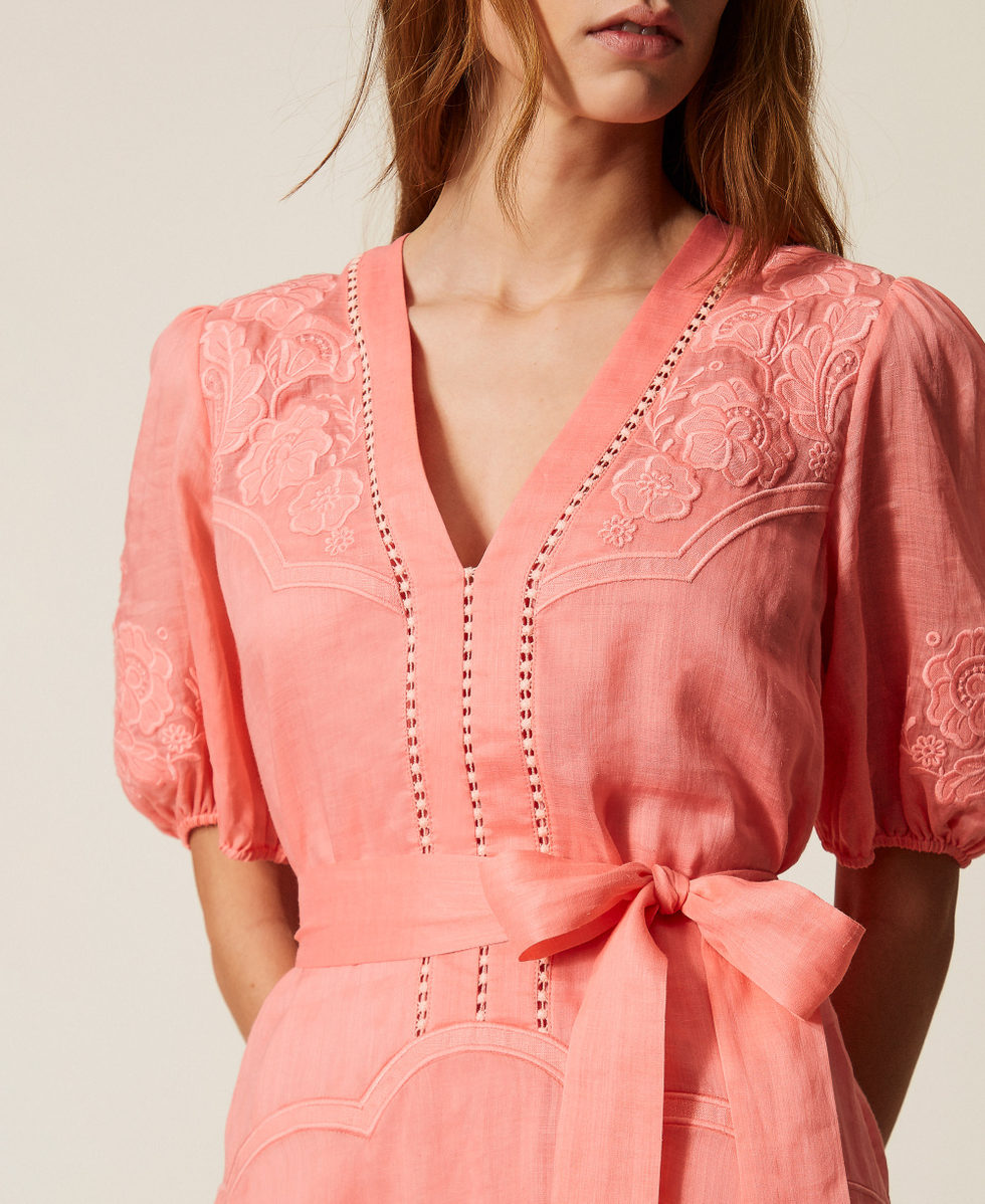 Short ramie dress with embroidery Salmon Rose Woman 261TT2290_13448_04