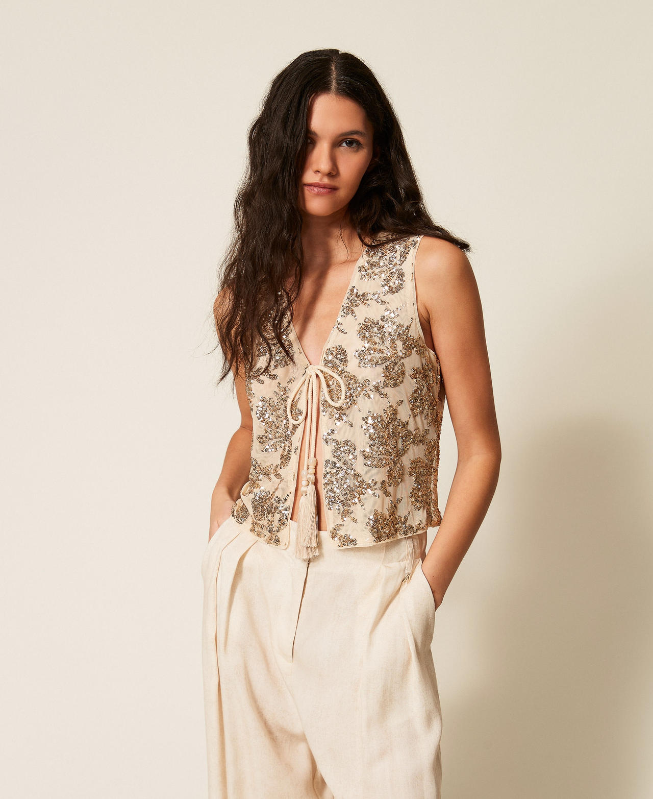 Tulle waistcoat with sequins Cashew Beige Woman 261AT2140_13362_01