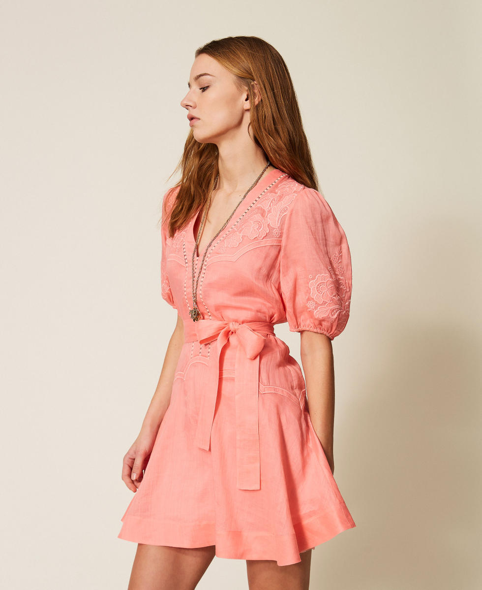 Short ramie dress with embroidery Salmon Rose Woman 261TT2290_13448_02