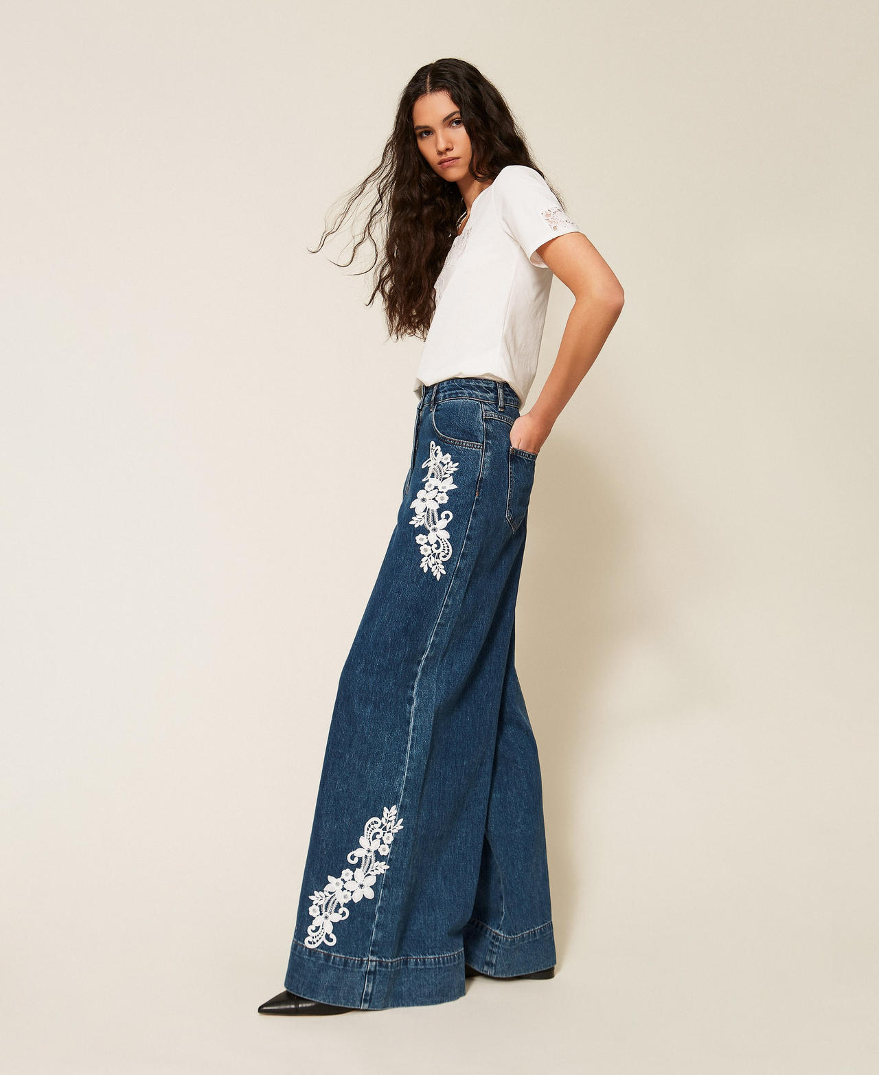Actitude By Twinset Wide-Leg Denim Trousers With Lace