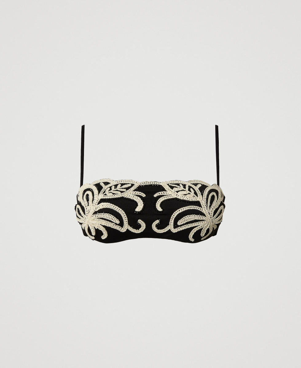 Bandeau bikini top with embroidery and rhinestones Bicolour Black / Mother-of-pearl White Woman 251LBMY11_02710_S0