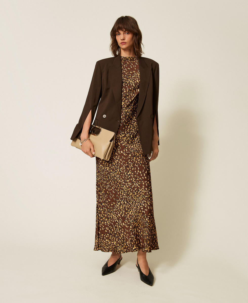 Neckholder-Maxikleid aus Satin mit Animaldessin Animal Print Brown / Gold Frau 262TP275H_13873_T0