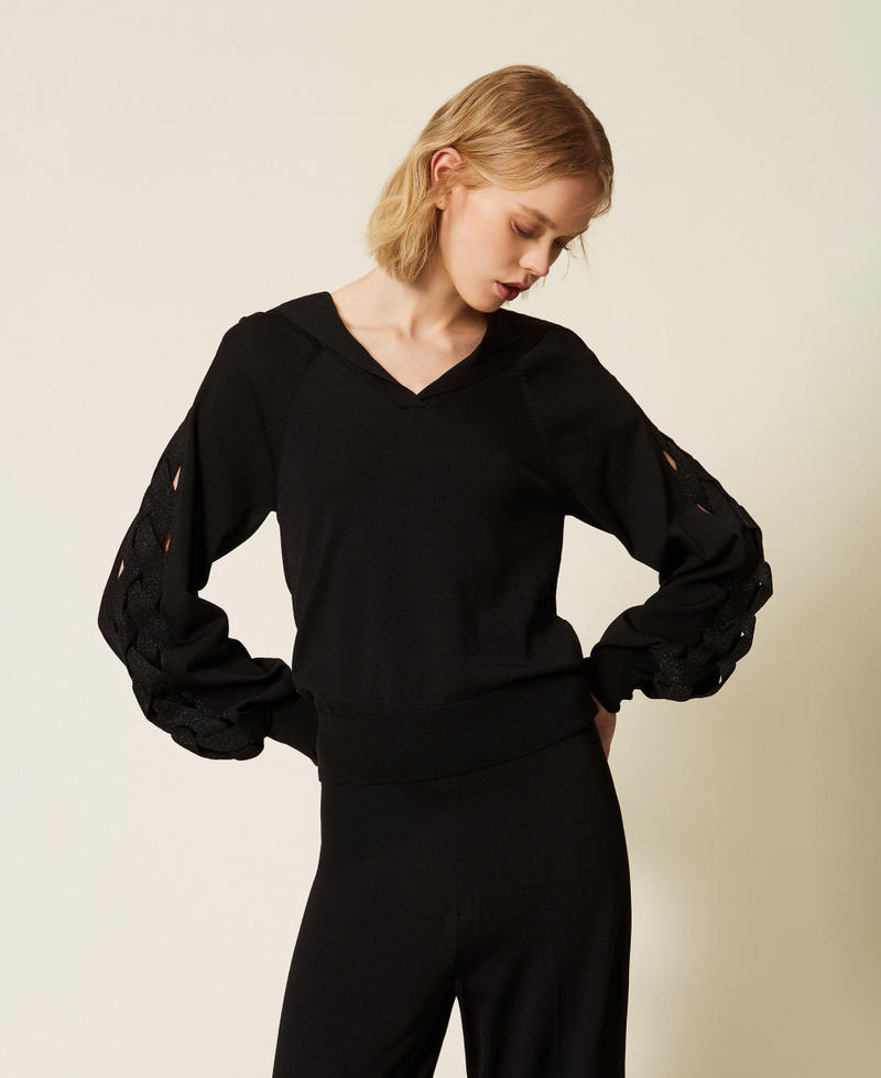 Cable knit jumper with wide collar Black Woman 261LL3DAA_00006_01