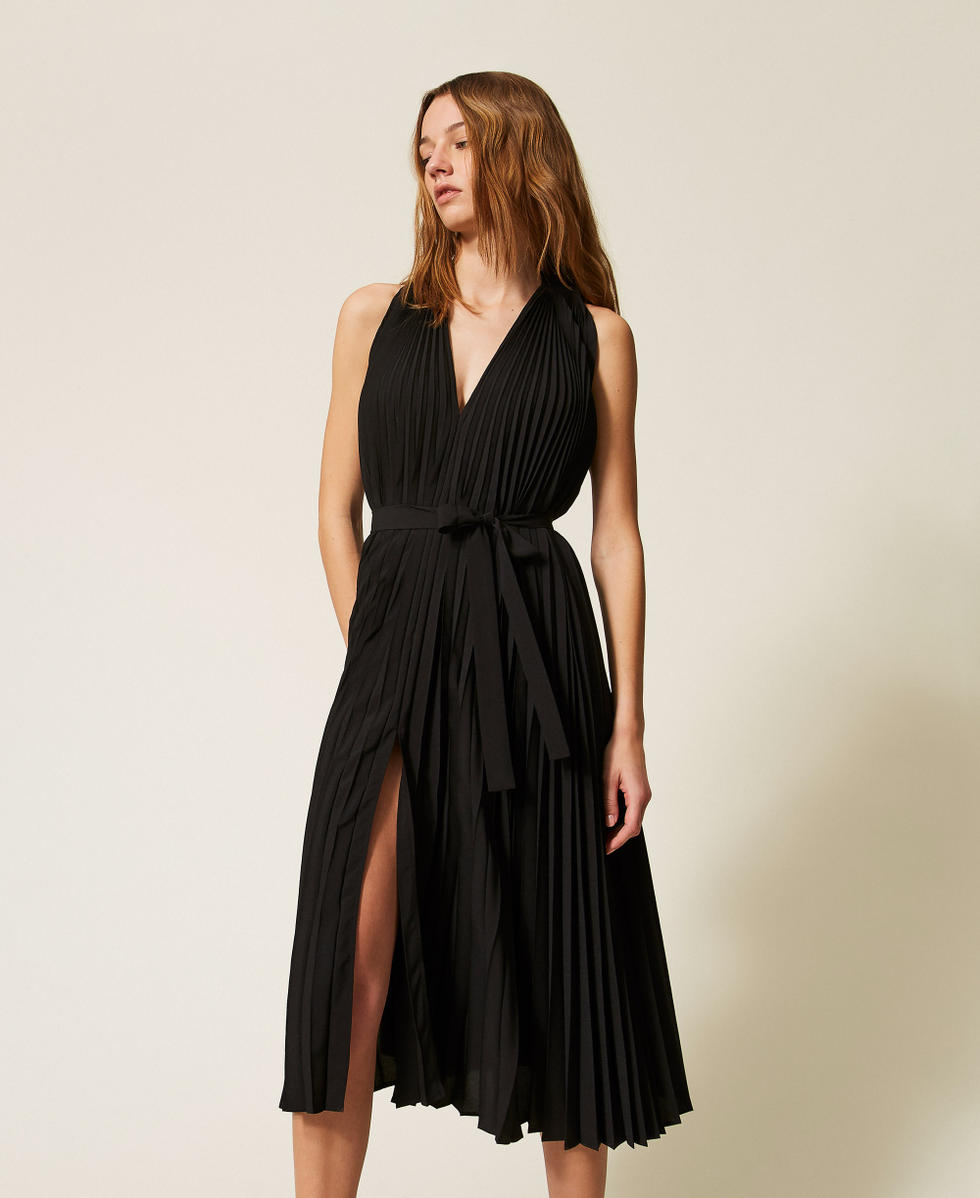 Robe longue en popeline et cr&ecirc;pe de Chine Noir Femme 261TE2030_00006_01