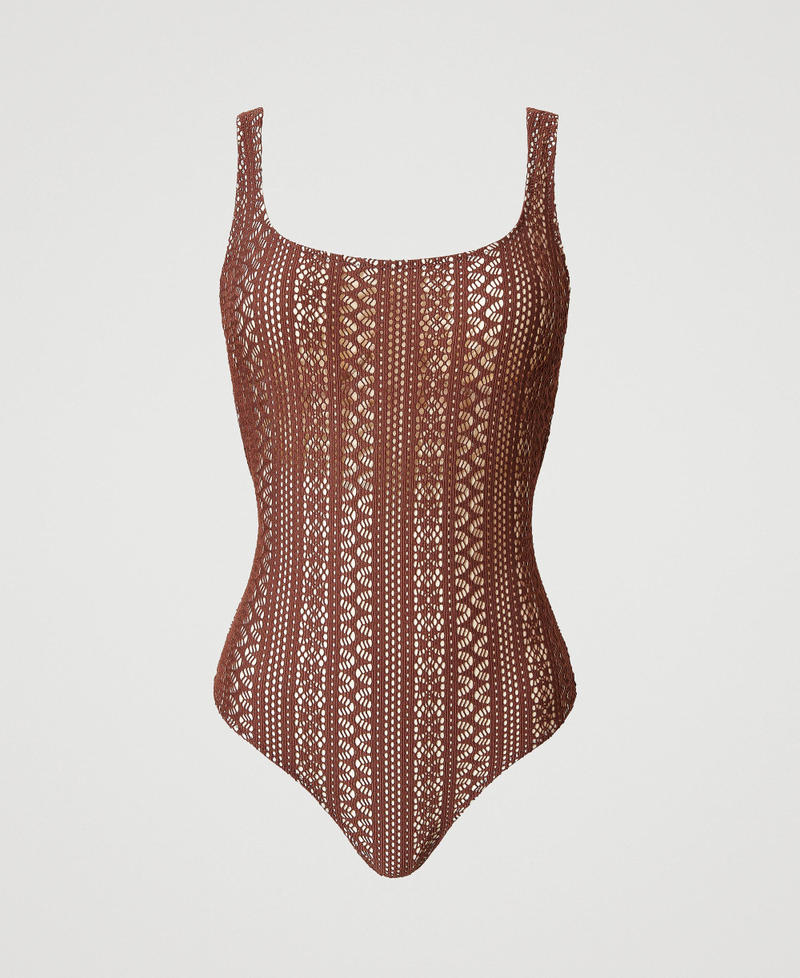 Lace-effect one-piece swimsuit Brown Stone Woman 251LBMGZZ_12133_0S