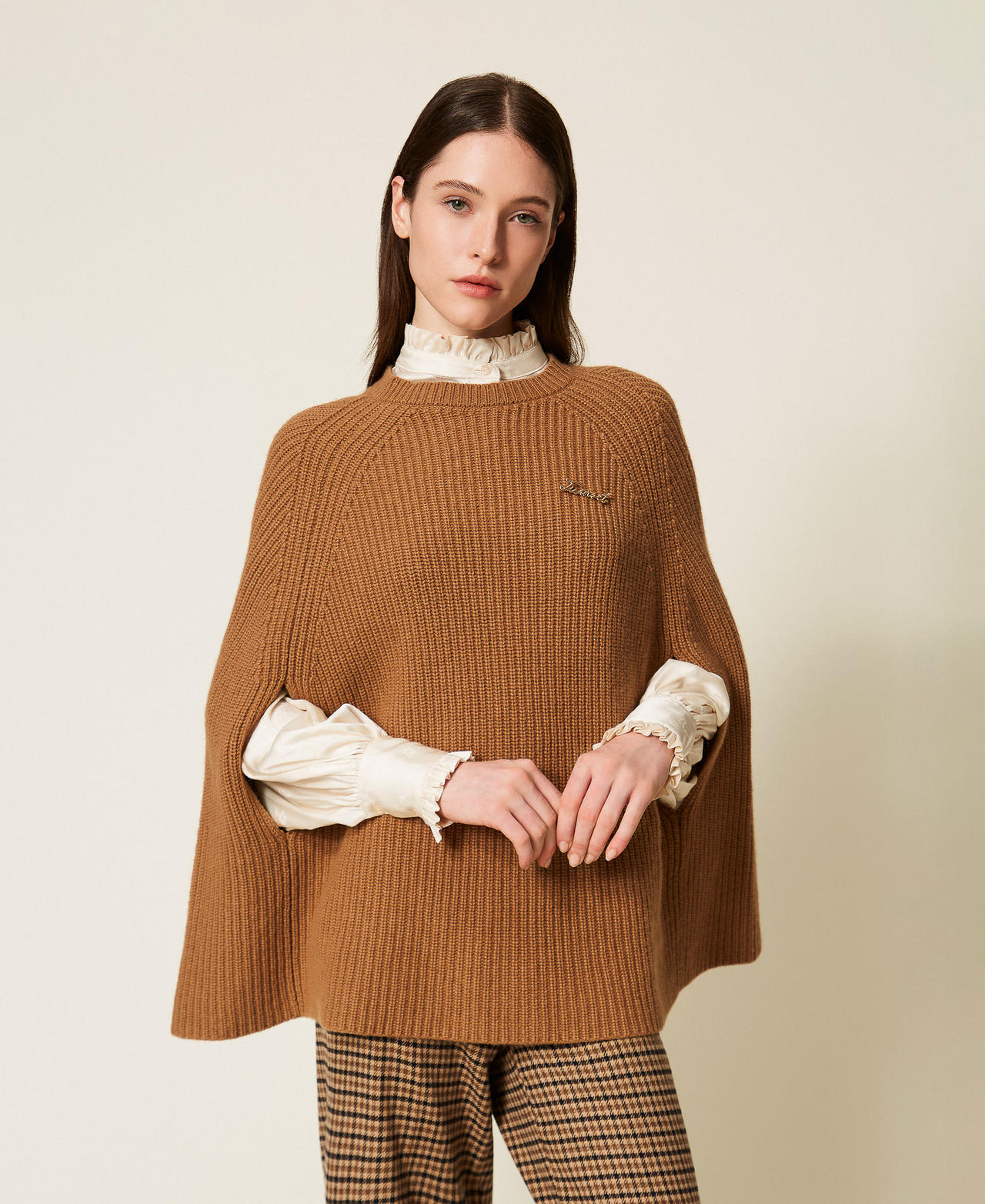 Wool blend cape jumper Alpaca Brown Woman 252TT3421_12538_02