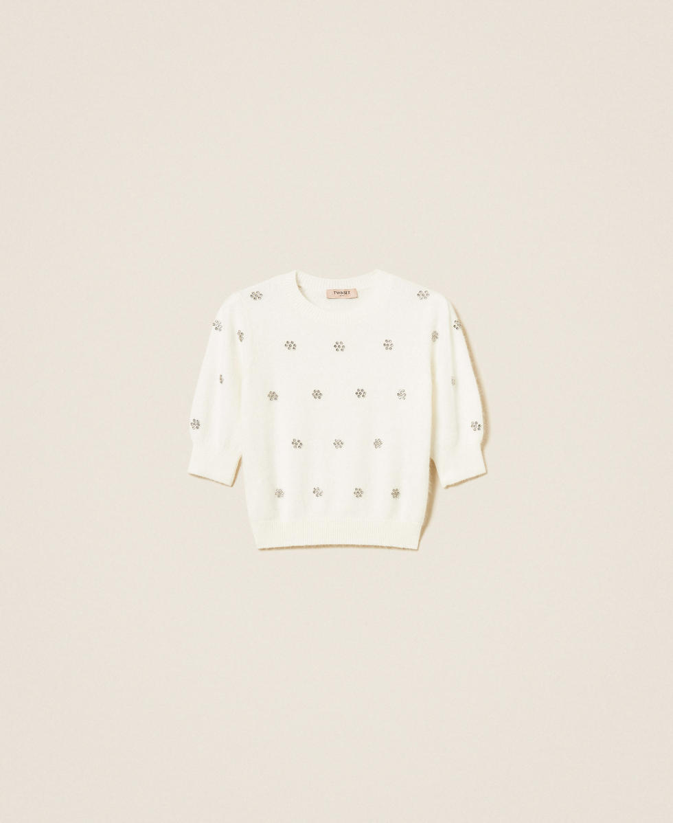 Pull en angora m&eacute;lang&eacute; avec broderie Blanc Neige Femme 252TT3181_00282_S0